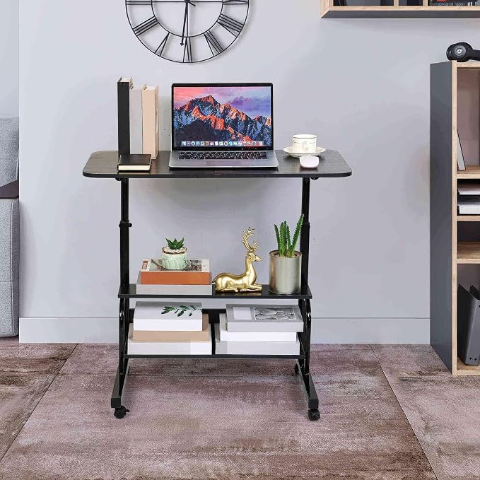 Adjustable Height Mobile Computer Desk for Small Space Rolling Table with Wheels Desk Home Office Study Desk Portable for Bedrooms Work Size 31.5x15.7 Inch Black with Storage Gaming Table B - Image 2