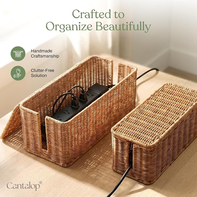Cable Management Box Set of 2 Sizes, Handmade Rattan Cable Organizer with 2 Open Slots, Cord Hider for Power Strip, Router & USB Hub, Registered U.S. Design Patent (D1,112,102), Natural - Image 7