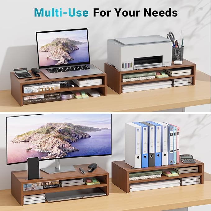 BONTEC Wood Monitor Stand Riser, 2-Tier Desktop Organizer | Ergonomic Computer Stand for Desk, Cable Management, Cellphone Holder, 21.3 Inch Shelf, Walnut - Image 8