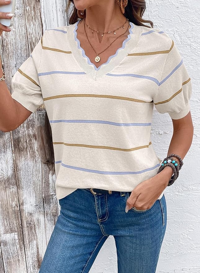 Dokotoo Womens Summer Short Sleeve Knit Tops 2026 Spring Trendy Casual V Neck Striped Sweater Blouses - Image 2