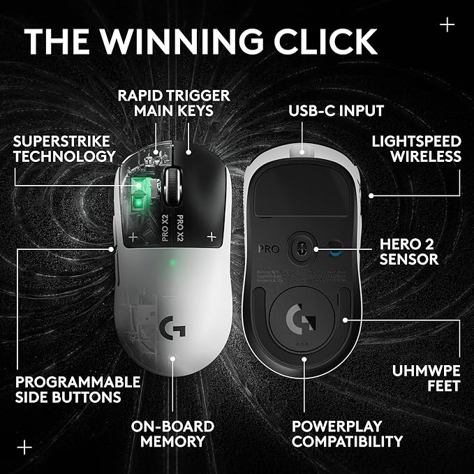 Logitech G PRO X2 SUPERSTRIKE Wireless Gaming Mouse - Black/White | Customizable Rapid Trigger Magnetic Analog Switches, Adjustable Click Haptics, 61g Lightweight, USB-C, <8K, For PC/Mac - Image 5
