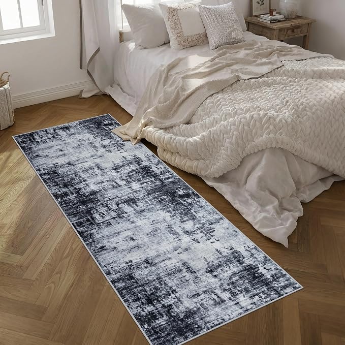 Washable Area Rug 3x8 Entryway Rug: Washable Modern Abstract Soft Thin Rug Indoor Floor No Slip Stain Resistant Carpet for Bedroom Dining Room Farmhouse Nursery Home Office - Dark Black - Image 2