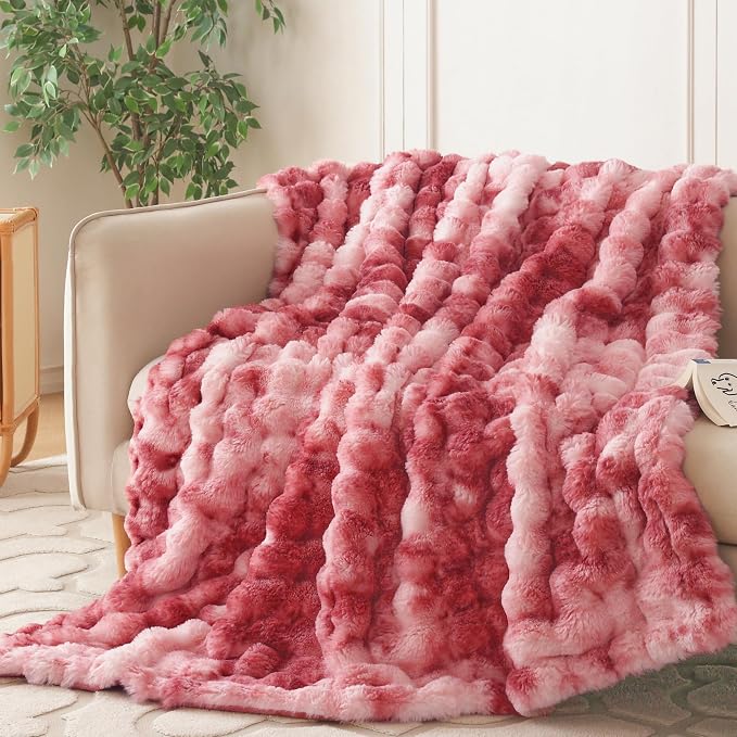 COOVA Faux Fur Throw Blanket for Couch, Cozy Soft and Fuzzy Plush Rabbit Fur Bubble Blanket for Sofa Bedroom Living Room, 60x80 Inches Tie Dye Magenta by COOVA