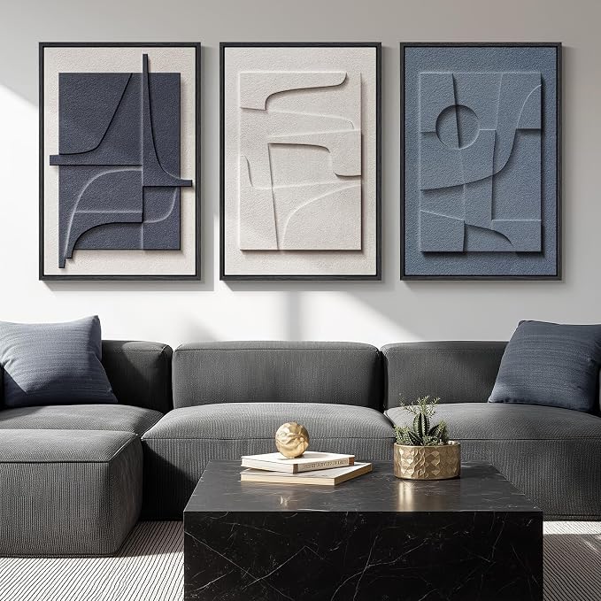 Large 3D Textured Framed Blue and White Abstract Wall Art, 3 Piece Modern Artwork for Walls, Minimalist Navy Blue Geometric Paintings for Living Room, Bedroom, Dining Room, Office Wall Decor 20x30 In by Cuspin