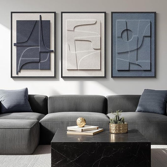 Large 3D Textured Framed Blue and White Abstract Wall Art, 3 Piece Modern Artwork for Walls, Minimalist Navy Blue Geometric Paintings for Living Room, Bedroom, Dining Room, Office Wall Decor 20x30 In by Cuspin