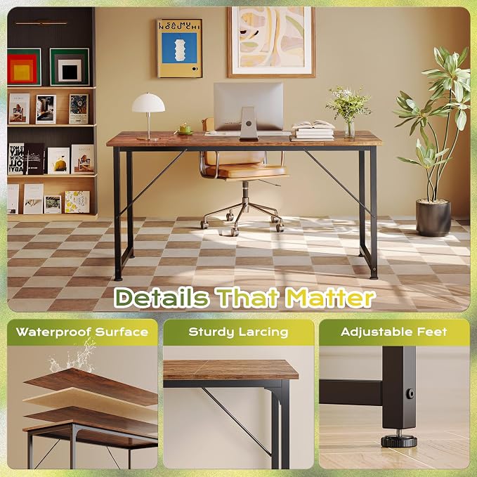 PRAISUN 55 Inch Computer Desk, Home Office Desk with Spacious Desktop, Rustic Brown - Image 6