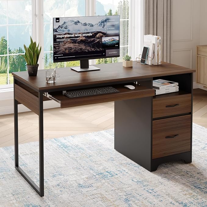 Bestier 48” Computer Desk with Drawers, Office Desk with Storage, Industrial Wood Writing Desk with File Drawer, Keyboard Tray & 2 Hooks for Home Office & Studio, Cherry - Image 7