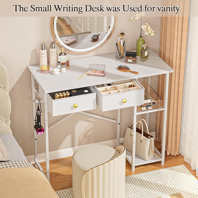 DAOUTIME White Computer Desk, 36 Inch Small Desk with Drawers, Home Office Desk with Storage Shelves for Bedroom, Living Room, Dorm, Vanity Desk for Small Spaces, White - Image 5