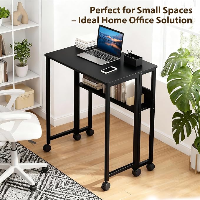 Folding Desk Small Rolling Desk with Storage Shelf,31.5 Inch Foldable Computer Table with Wheels,Portable Office Desk for Small Space Sofa Table,Easy to Fold,Writing Work Office Computer Desk,Black - Image 7