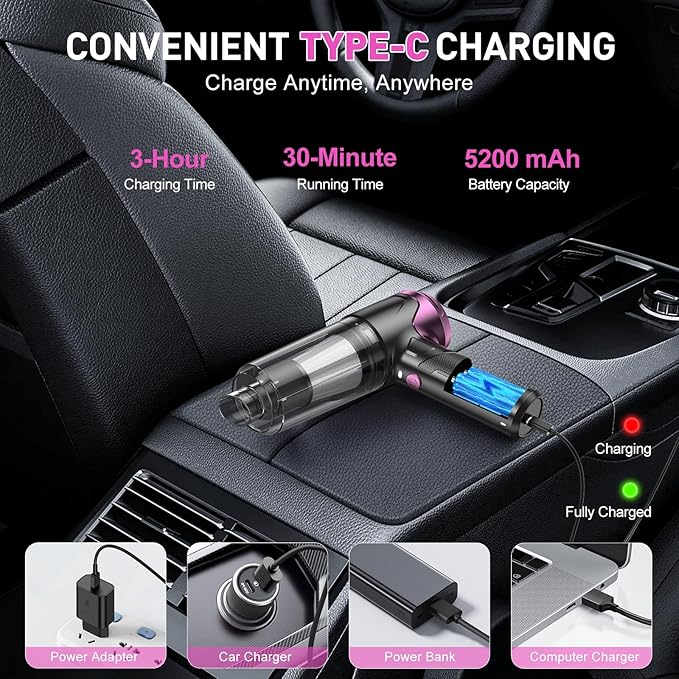 KMM Handheld Car Vacuum Cleaner, 10000PA Vacuum Cleaner & Air Duster, 120W High Power Vacuum Portable Cordless, Hand Held Vacuum Rechargeable with Multi-Nozzles & LED Light for Home, Car, Office - Image 3