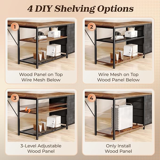 PRAISUN 61" L Shaped Desk with Power Outlets & USB-C Port, Reversible Computer Corner Office Desk with 4 Fabric Drawers and 2 Storage Shelves, Large Desk for Gaming Writing Study, Rustic Brown - Image 5
