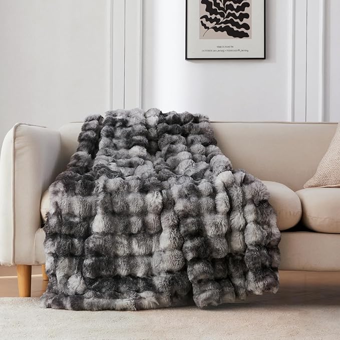 COOVA Faux Fur Throw Blanket for Couch, Cozy Soft and Fuzzy Plush Rabbit Fur Bubble Blanket for Sofa Bedroom Living Room, 50x60 Inches Tie Dye Light Grey by COOVA
