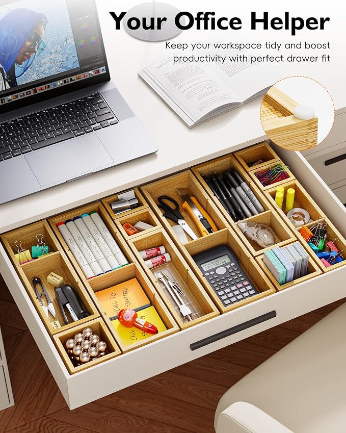 12-Piece Bamboo Desk Drawer Organizer Set – Adjustable Storage Boxes with 24 Compartments, Non-Slip, Modular Design for Office, Jewelry, Vanity, and Kitchen Utensil Drawer Storage - Image 5