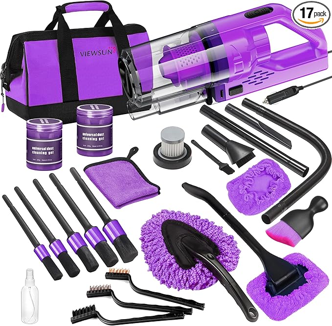 17PCS Car Cleaning Kit, Purple Car Interior Detailing Kit with High Power Handheld Vacuum, Detailing Brush Set, Windshield Cleaner, Cleaning Gel, Complete Auto Accessories for Women Gift by Viewsun
