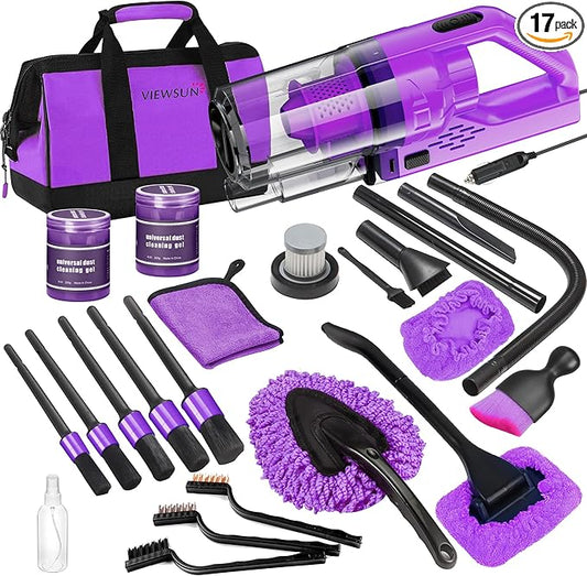 17PCS Car Cleaning Kit, Purple Car Interior Detailing Kit with High Power Handheld Vacuum, Detailing Brush Set, Windshield Cleaner, Cleaning Gel, Complete Auto Accessories for Women Gift by Viewsun