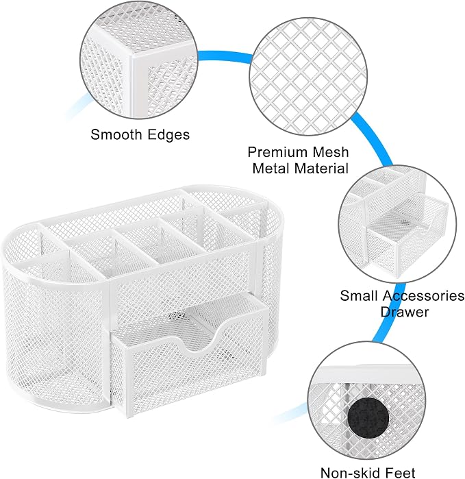 EasyPAG Mesh Pen Holder Desk Organizer with Drawer Stationery Supplies Organizer for Dorm School 9 Compartments Workspace Desk Accessories Organization for Office, White - Image 4