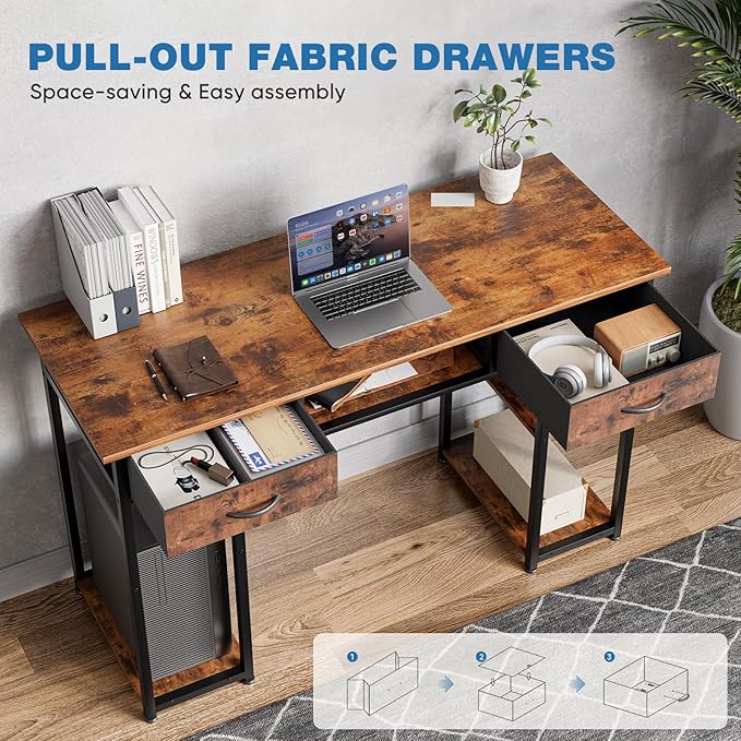 OLIXIS Gaming Desk, Computer Desk with Storage, Fabric Drawers, 48 Inch | Home Office for Small Space Bedroom, Study Work Writing PC Table, Compact Rooms, Brown - Image 4