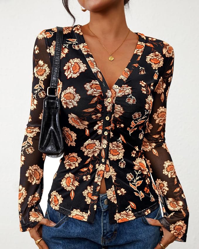 BTFBM Button Down Shirts for Women 2026 Fall Boho Tops V Neck Long Sleeve Blouses Ruched Mesh Fitted Fashion Clothing - Image 2