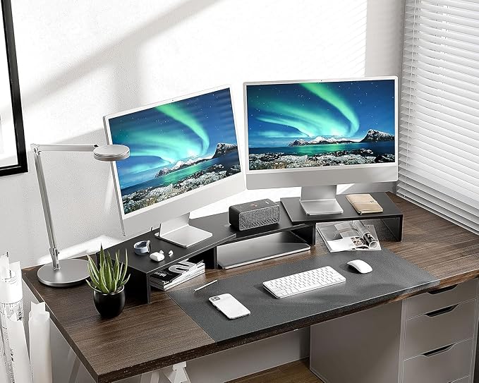 FITUEYES Dual Monitor Stand Riser, Adjustable Length and Angle, Black | Wooden 3-Shelf Design, Supports up to 55lbs, Flexible for Standard Corner Space, Holds Monitor, Laptop, Phone, Printer - Image 7