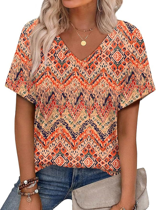 Alaroo Womens Summer Tops 2026 V Neck Short Sleeve Shirts Trendy Dressy Casual Vacation Outfits Printed by Alaroo