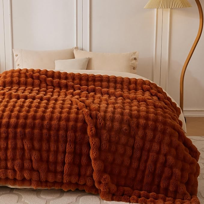 COOVA Faux Fur Throw Blanket for Couch, Cozy Soft and Fuzzy Plush Rabbit Fur Bubble Blanket for Sofa Bedroom Living Room, 50x60 Inches Brown - Image 3