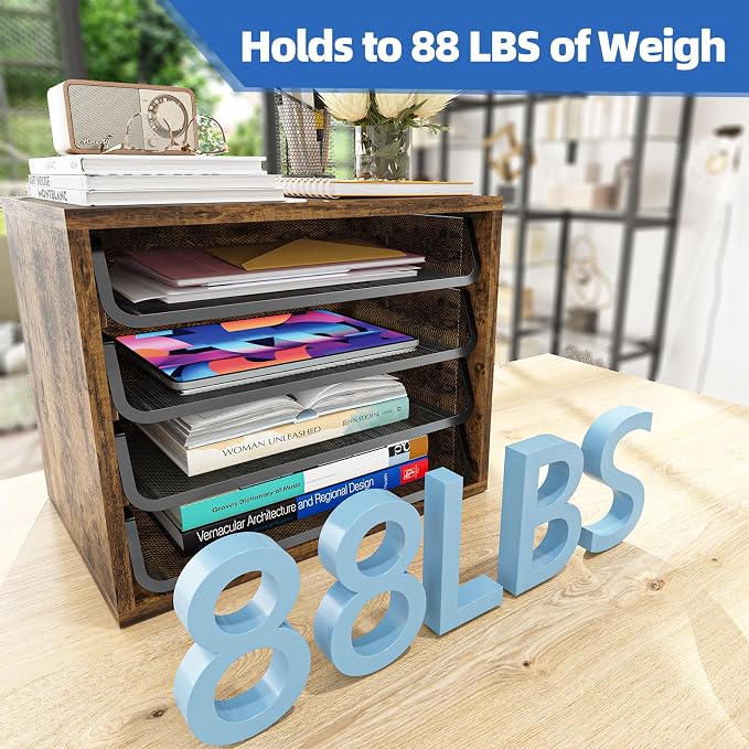 Simple Trending 4-Tier Desk File Organizer, Paper Organizer, Rustic Brown | Adjustable Letter Trays, Wood Desktop File Sorter, Farmhouse Style, for Office Home Classroom, 10.75"D x 15.2"W x 11.8"H - Image 7
