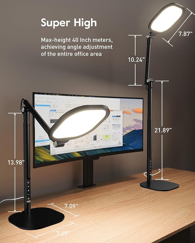 LitONES Tall LED Desk Lamps with Base, Edge-Lit Eye-Care, 50 Light Modes | 40" Height, Dimmable & Flexible, CRI>97.8, Memory and Timer Func, Stable Mental Base for Home Office, Video Calls & Drafting - Image 9