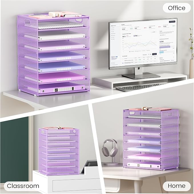 Lavatino 8-Tier Office Desk File Organizer, Letter Tray Paper Organizer with Handle, Including 5 Adjustable Slide Trays for Organizing Desktop Workspace Accessories and Supplies (Purple Metal Mesh) - Image 7