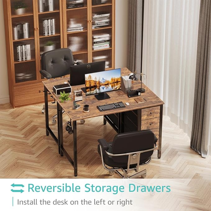 Lufeiya 40 inch Computer Desk with 4 Fabric Drawers, Kids Student Reversible Small Desks for Home Office Small Space, Work PC Desk Table for Bedroom, Rustic Brown - Image 4