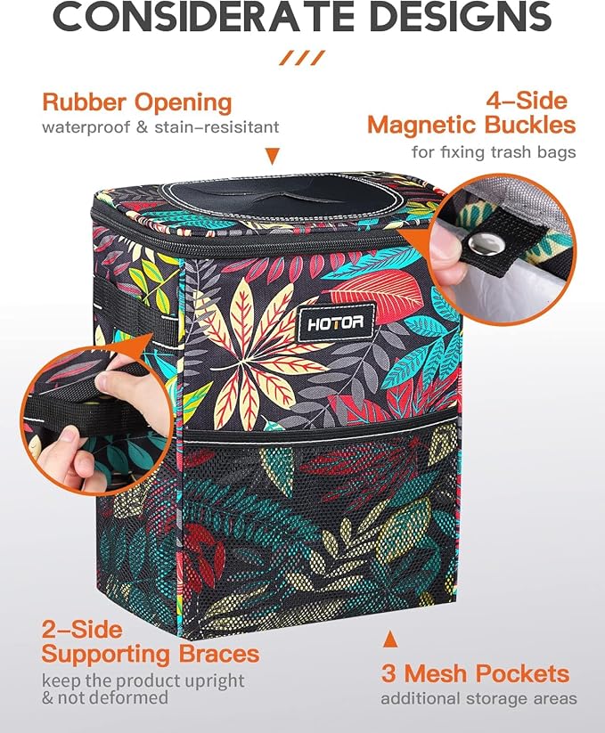 HOTOR Car Trash Can with Lid and Storage Pockets - 100% Leak-Proof Organizer, Waterproof Garbage Can, Multipurpose Trash Bin for Car, 2 Gallons, Autumn Leaves - Image 4