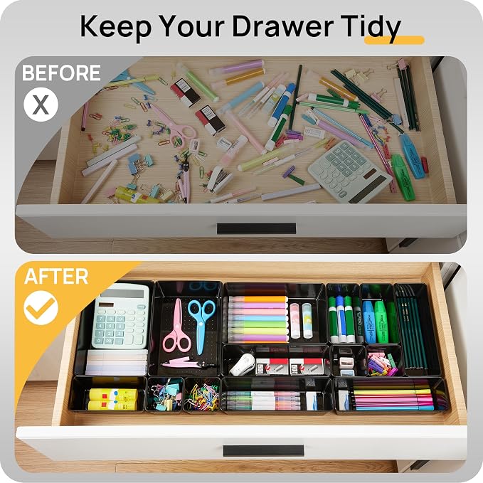 Vtopmart 25 Pack Plastic Drawer Organizers with Non-slip Rubber Pads | 4-Size Versatile Makeup Organizer, Storage Containers Small Bins for Makeup, Jewelries, Bedroom, Kitchen Utensils and Office - Image 2
