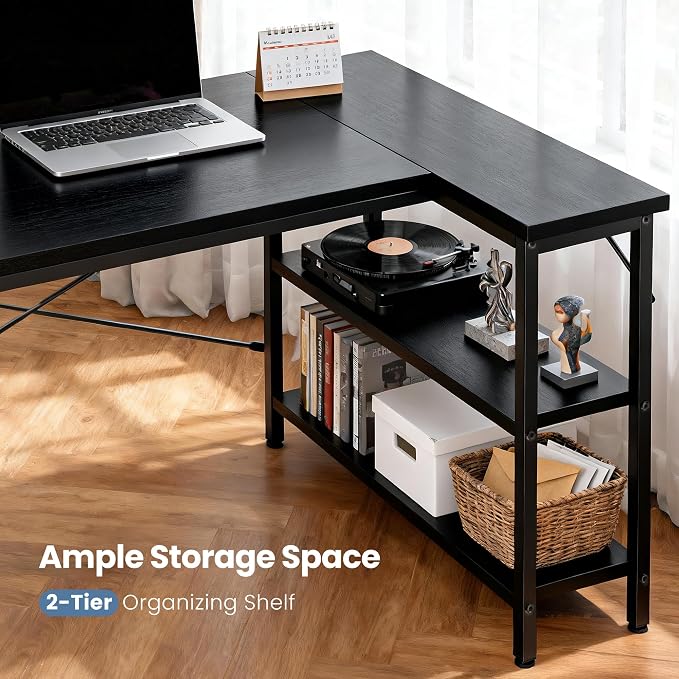 DUMOS L Shaped Computer Desk, 47" Gaming Corner Desks with Shelves | Home Office PC Table, Writing Working Study Desk with Reversible Layout, Bedroom Dorm, Black - Image 5