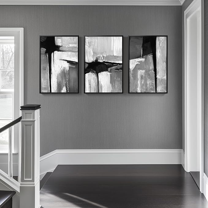 Framed Black and White Gray Modern Abstract Wall Art, Set of 3 Piece Big Canvas Paintings Artwork for Walls, Minimalist Art Prints Pictures for Living Room Hallway Bedroom Office Wall Decor 16x24 Inch - Image 3