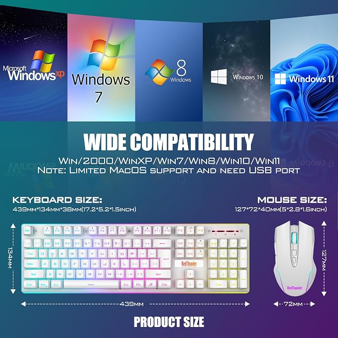 RedThunder K10 Wireless Gaming Keyboard and Mouse Combo, LED Backlit Rechargeable 3800mAh Battery, Mechanical Feel Anti-ghosting Keyboard + 7D 3200DPI Mice for PC Gamer (White) - Image 7