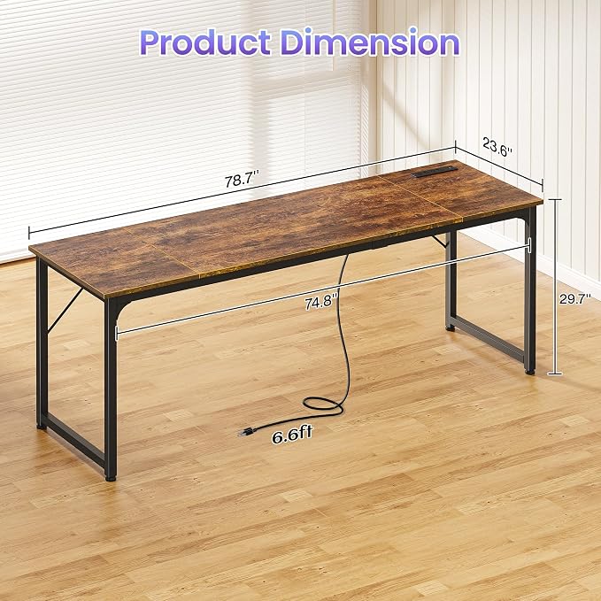 PRAISUN 80 X 24 Inch Computer Desk, Power Outlets, USB-C, Rustic Brown | Office Desk with 4 AC Outlets, USB & USB-C, Sturdy Metal Frame, Spacious Desktop for Work, Writing, Study & Gaming - Image 3
