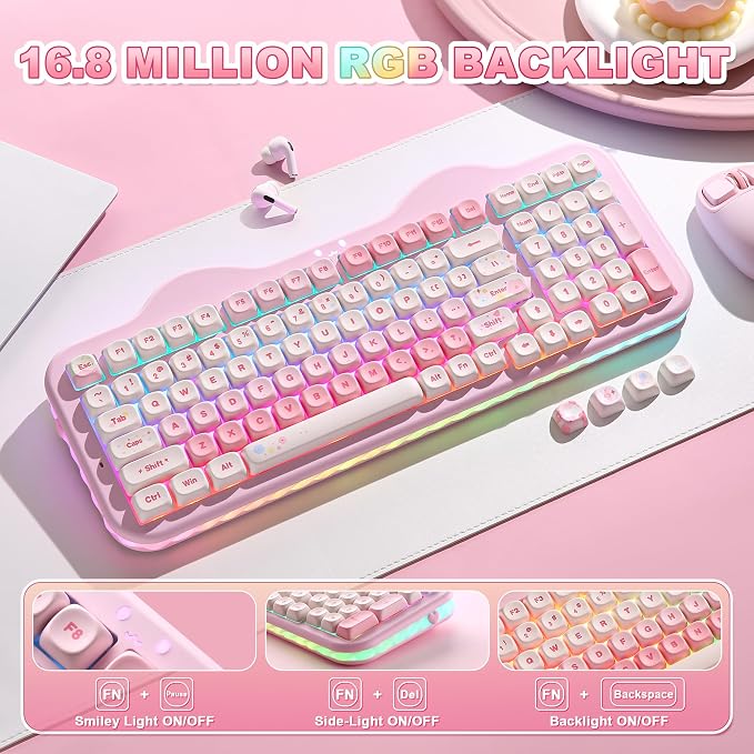 YUNZII C98 Cute Cake Wireless Mechanical Keyboard (Pink, Milk Switch) | 99 Keys with Number Pad, Hot Swap, PBT MOA Keycaps, BT5.0/2.4G/USB-C, Gasket Mount, Custom RGB Backlit for Win/Mac - Image 7