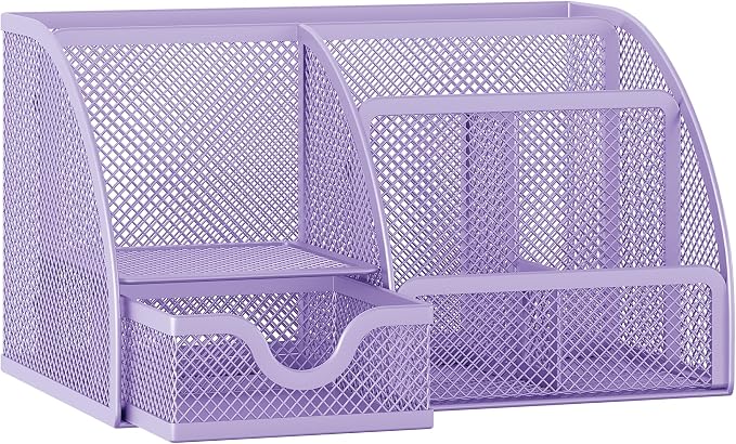 EasyPAG Mesh Desk Organizer with Drawer Multi-functional Pen Holder Stationery Organizer for Office School Supplies 6 Compartments Dorm Organizers and Storage for Desk, Light Purple by EasyPAG