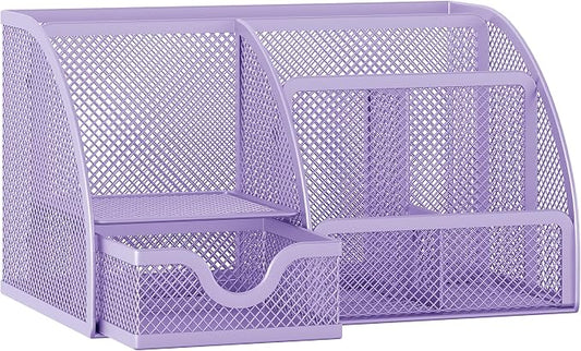 EasyPAG Mesh Desk Organizer with Drawer Multi-functional Pen Holder Stationery Organizer for Office School Supplies 6 Compartments Dorm Organizers and Storage for Desk, Light Purple by EasyPAG