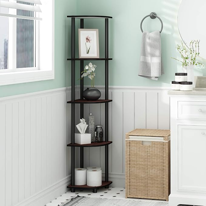 Furinno TURN-N-TUBE Corner Shelf, 5-Tier Corner Bookshelf, Open Storage Shelves, for Organization and Storage, Living Room, Home Office, Garage, Bedroom, Dark Cherry - Image 2