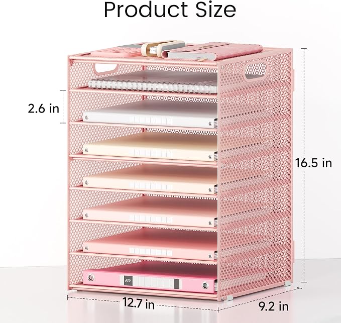 Lavatino 8-Tier Letter Tray Desk Paper Organizer, Mesh File Sorter Tray Organizer for Desk Office Supplies & Home Organization, Fits A4 Paper, Mail, Magazines and Office Accessories (Pink with Handle) - Image 3
