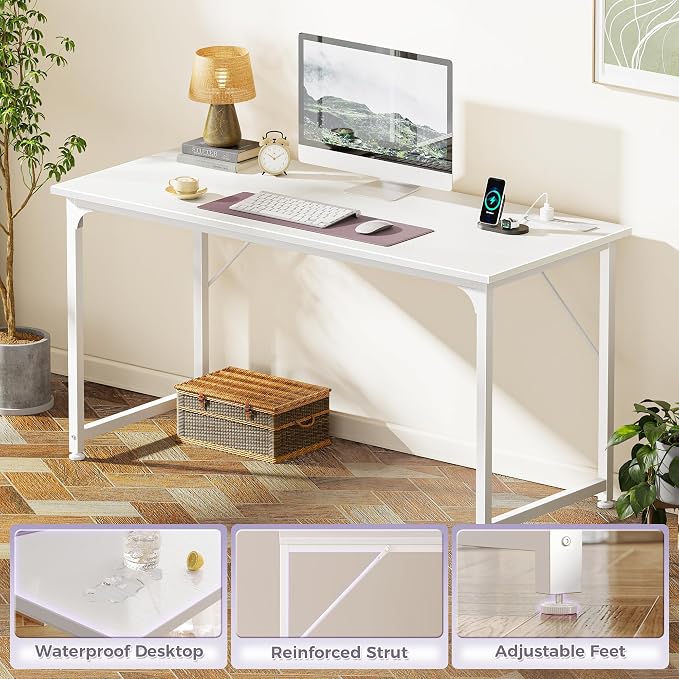 PRAISUN 55 X 20 Inch Computer Desk, Power Outlets, USB-C, White | Office Desk with 4 AC Outlets, USB & USB-C, Sturdy Metal Frame, Spacious Desktop for Work, Writing, Study & Gaming - Image 8
