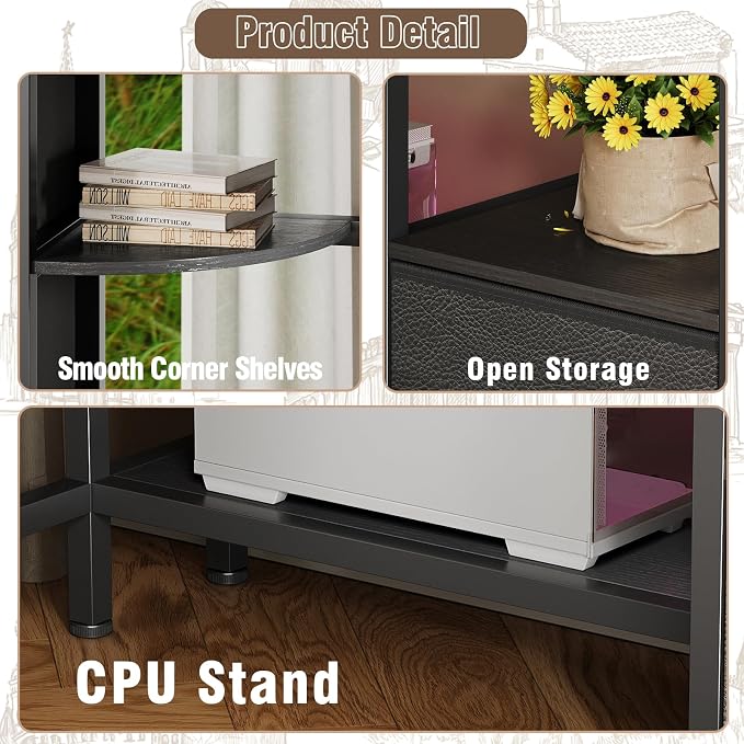 VENNQD Corner Desk with 6 Drawers Shelves for Small Space Computer Desk with Power Outlets,Gaming Desk with Printer Monitor Stand Storage for Home Office Workstation Writing Table (Black, 31.5) - Image 6