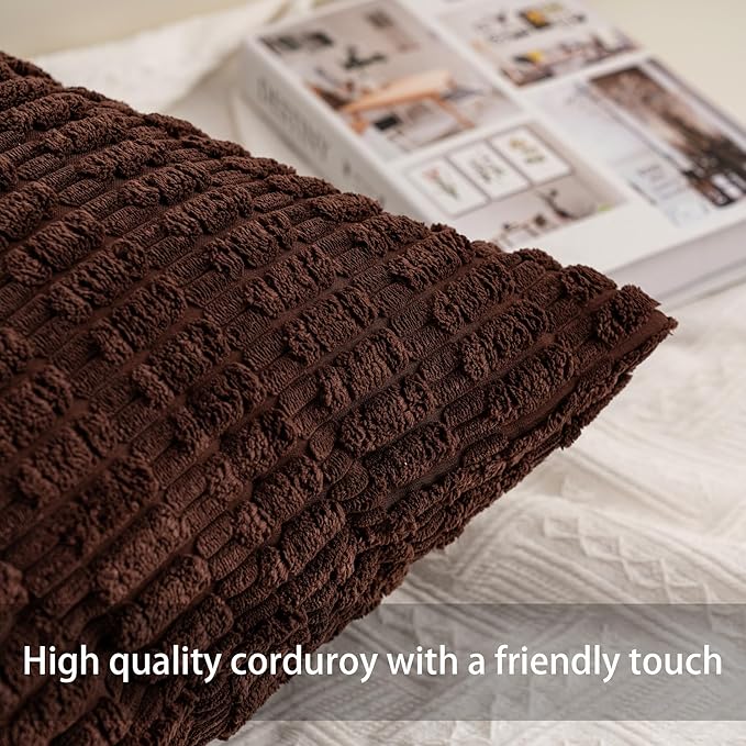 Aegero Pack of 2 Corduroy Decorative Throw Pillow Covers 16x16 Inch Soft Striped Pillow Covers Modern Farmhouse Home Decor for Sofa Living Room Couch Bed（Dark Brown） - Image 2