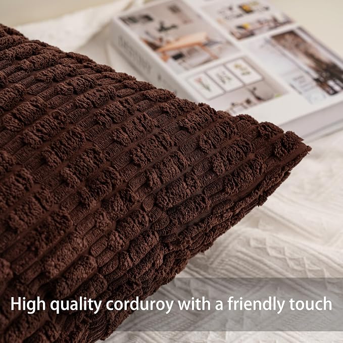 Aegero Pack of 2 Corduroy Decorative Throw Pillow Covers 20x20 InchSoft Boho Striped Pillow Covers Modern Farmhouse Home Decor for Sofa Living Room Couch Bed（Dark Brown） - Image 3