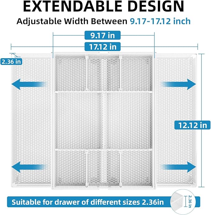 Marbrasse Expandable Desk Drawer Organizer, Mesh Drawer Organizer Tray with 10 Adjustable Compartments, Desk Organizers and Accessories, 5 Dividers Drawer for Office Supplies, Makeup & Vanity (White) - Image 2