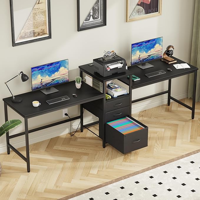 GYIIYUO 93'' Two Person Desk with Charging Station, Long Desk with 3 Drawer | Double Computer Desk with Printer Shelf, 2 Person Writing Study Table Workstation for Home Office, Black by GYIIYUO