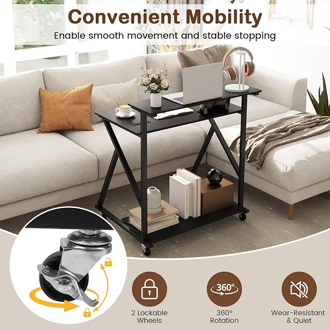 GIANTEX Rolling Small Desk with Storage, Compact Computer Desk for Small Spaces with Charging Station, Monitor Stand, Lockable Wheels, Study Writing Desk for Home Office, Bedroom (Black) - Image 6