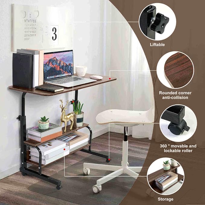 Adjustable Table Student Computer Desk Portable Home Office Furniture Small Spaces Sofa Bedroom Bedside Learn Play Game Desk on Wheels Movable with Storage Size 31.5 * 15.7 Inch Brown A - Image 4