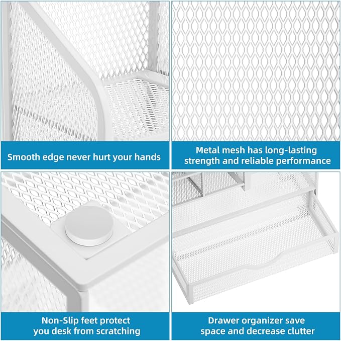 Marbrasse Mesh Pen Holder for Desk, Multi-Functional Pencil Organizer with Drawer, Desk Organizers and Accessories for Office Art Supplies (White) - Image 6
