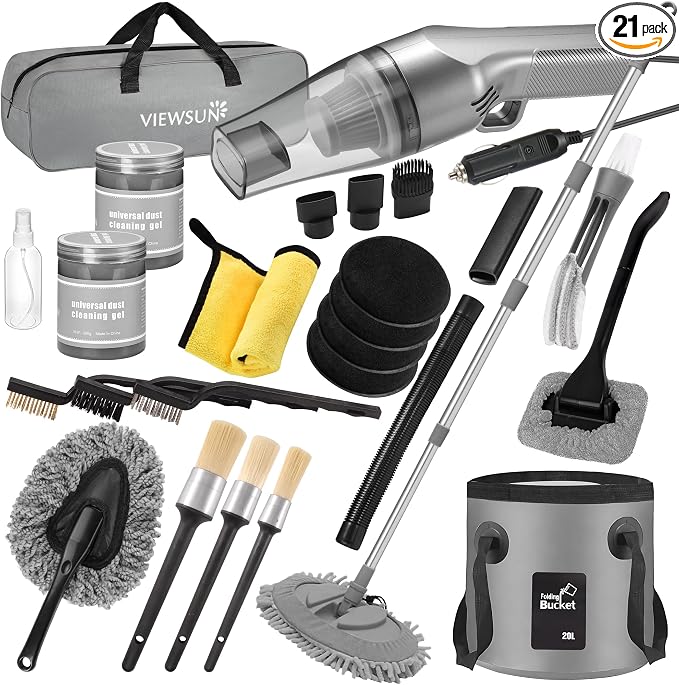 21Pcs Car Cleaning Kit with High Power Handheld Vacuum, Car Wash Mop with Long Handle, Bucket, Detailing Brush Set, Windshield Cleaner, Complete Interior Exterior Washing Supply for Men Women by Viewsun